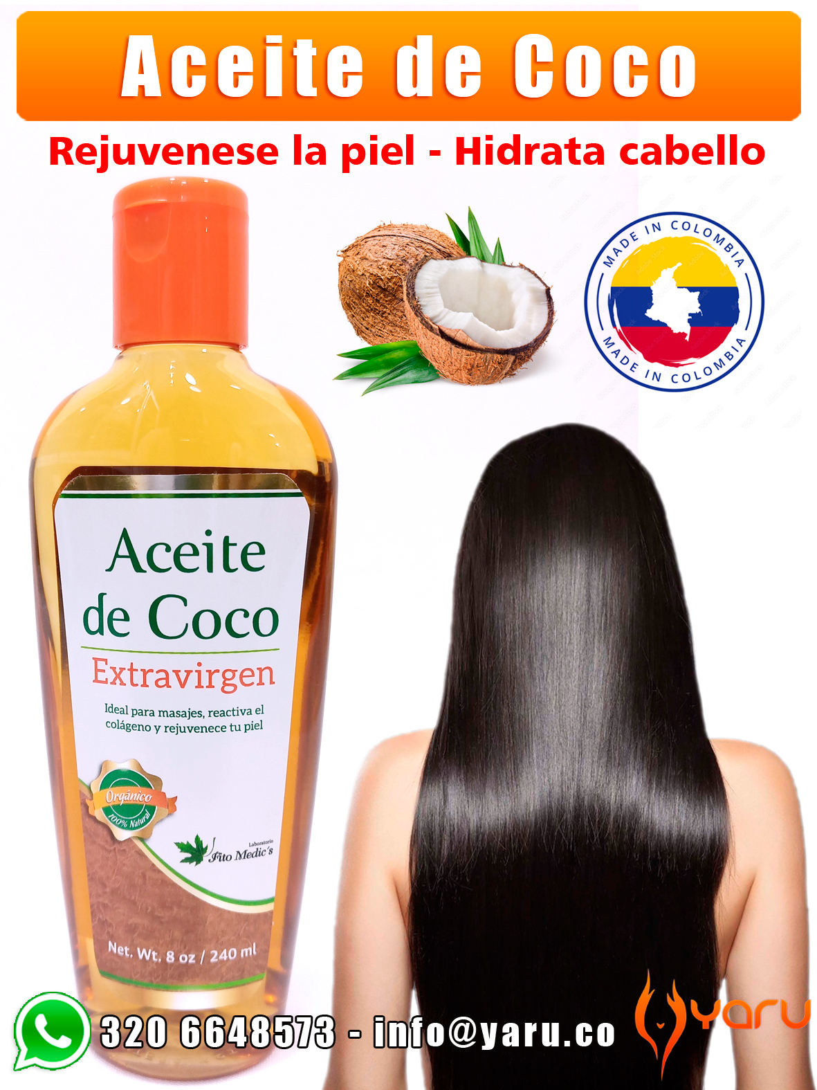 aceite de coco colombiano rejuvenece piel hidrata cabello